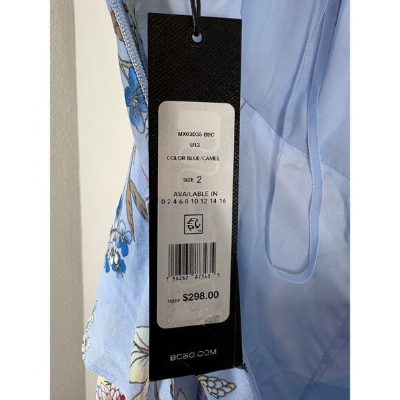 BCBGMAXAZRIA Asymmetric Midi Dress Tiered Ruffle Floral Party Garden Hoco Blue 2 - Picture 9 of 10